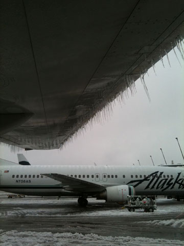 Images of ice accumulation on Alaska Airlines 737 planes taken from the Seattle ramp 