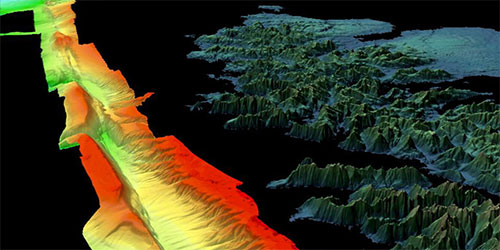 jpg A computed-generated image showing the bathymetry of the Queen Charlotte Fault and the elevation of mountains in the nearshore area, using bathymetry and lidar data
