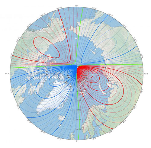 jpg This map shows the location of the north magnetic pole (white star) and the magnetic declination (contour interval 2 degrees) at the beginning of 2019. 