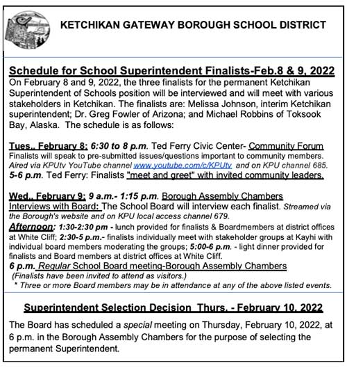 Schedule for Ketchikan School Superintendent Finalist - Feb. 8-9, 2022