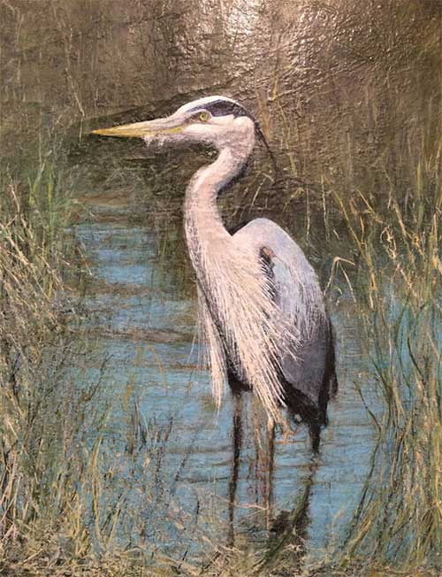 jgp Honorable Mention: 
Phyllis Besaw, “Gotcha,” Mixed oil and acrylic, Species: Great blue heron