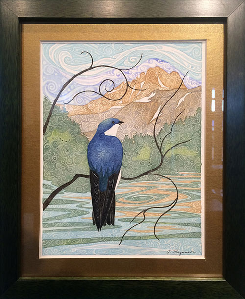 jpg First Place: 
Judy Magnuson, “Tree Swallow and Mount Calder,” Watercolor, Species: Tree swallow