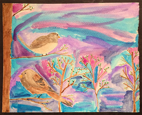 jpg People’s Choice:
Kenzie Pahang , “Twin Sunset,” Watercolor, Species: Dark-eyed junco