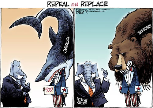 jpg Editorial Cartoon: Obamacare vs Trumpcare