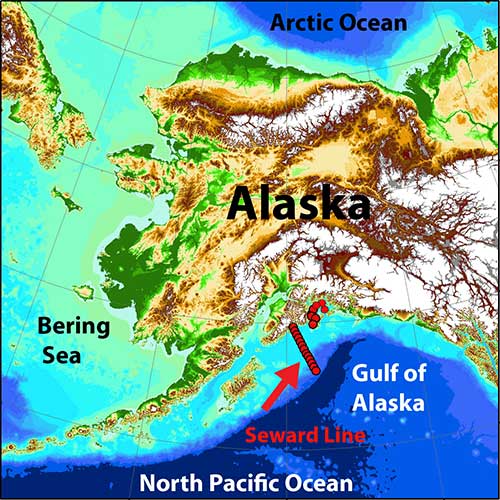 jpg Three scientists from UAF will use the research vessel Sikuliaq to record observations along the Seward Line, shown here in red dots, to continue a time series of ecological data.