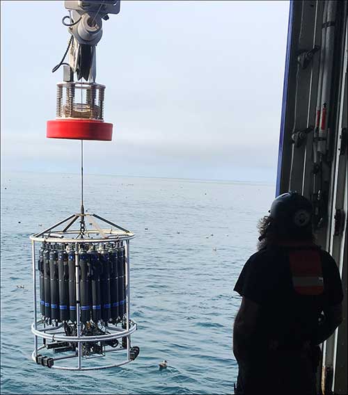 jpg Marine technician Bernard McKiernan oversees recovery of the research vessel Sikuliaq’s conductivity-temperature-depth rosette on a July 2019 cruise. 