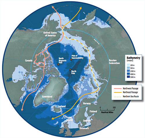 jpg This map of the Arctic Ocean shows potential shipping routes. Such routes are blocked by floating ice in winter. However, the ice-covered area in late summer has decreased 14 percent per decade since 1979. The Arctic Ocean is projected to be ice-free in summer within decades.