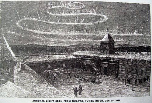 jpg Frederick Whymper created this illustration of the aurora as seen above the fort in the Yukon River village of Nulato in December 1866.