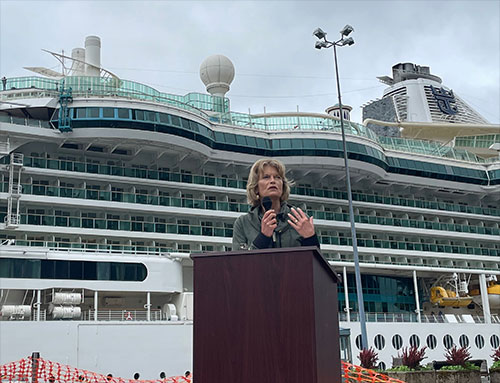 jpg In Ketchikan Friday morning, Senator Murkowski welcomes the first large cruise ship, Royal Caribbean’s Serenade of the Seas, to return to Alaska since the pandemic.