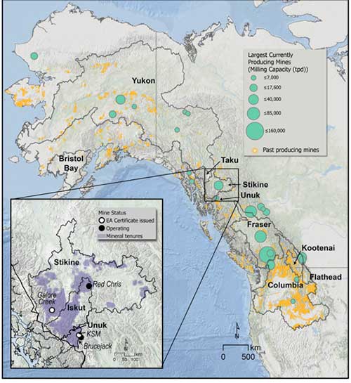 jpg Current and past producing metal and coal mining locations
in northwestern North America. Teal circles represent the largest currently operating mines in the region.
