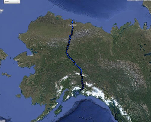 jpg Blue dots trace the pathway of Ned Rozell and his dog Cora during their 96-day summer walk across Alaska along the path of the trans-Alaska oil pipeline.