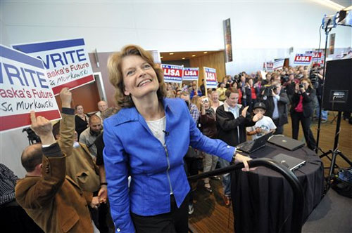 jpg U.S. Senator Lisa Murkowski, R- Alaska climbs to the stage in preparation to announce her write-in campaign Friday, Sept. 17, 2010 in Anchorage, Alaska. 