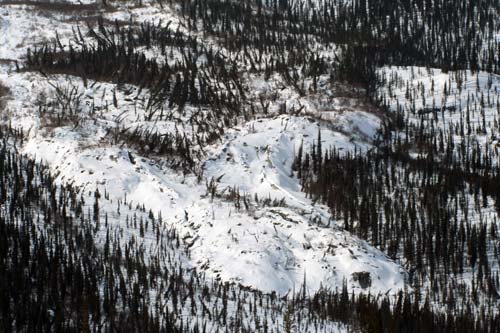 jpg An up-close shot of a debris flow, filled with drunken trees and soil, as it approaches the Dalton Highway.