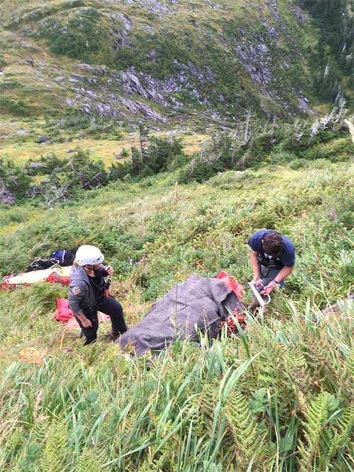 jgp The team "packaged" Green and set up a rope system preparing to lower him to a medevac helicopter.