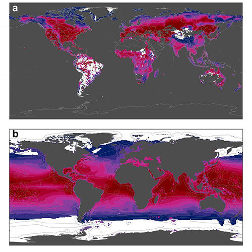 jpg This figure shows the risk that freshwater fish (top) and marine fish (bottom) could exceed their thermal limits by the year 2070. Blue indicates a low risk and red shows a high risk.