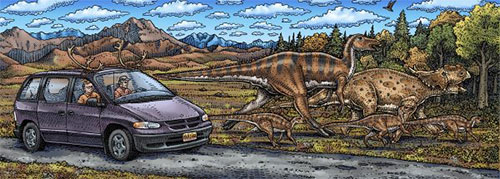 jpg Alaska artist Ray Troll created this fanciful depiction of himself and paleontologist Kirk Johnson, director of the Smithsonian National Museum of Natural History, on their 10,000-mile, 250-day journey along North America’s coast in search of fossils. Their journey led to the exhibition “Cruisin’ the Fossil Coastline” on display at the Anchorage Museum.
Courtesy of Ray Troll and Kirk Johnson 