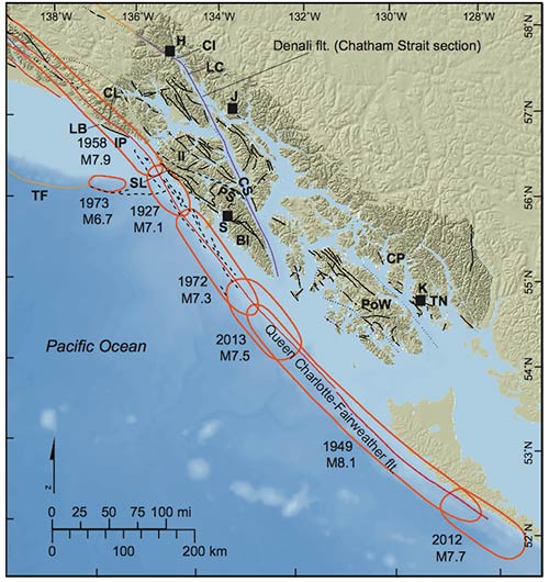 jpg Tectonic map of southeastern Alaska, showing rupture patches of historic earthquakes (red polygons)