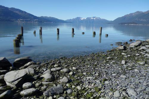 jpg Broken wharf pilings remain visible at the former site of Valdez.