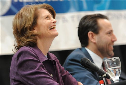 From left, Senator Lisa Murkowski (R) Alaska, and Republican candidate Joe Miller laugh