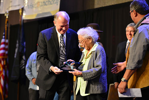 jpg The 2015 Shirley Demientieff Award is presented to Poldine Carlo of Fairbanks by Governor Bill Walker...