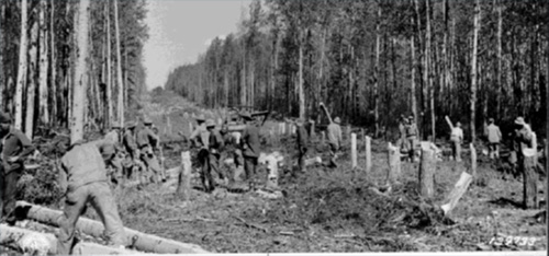 jpg For the first few months of construction, the engineers had only manpower to blaze the trail for the Alaska Highway. 