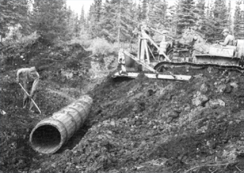 jpg Wooden stave pipe culverts were the most common type used on the Alaska Highway, usually fashioned by the engineer regiments’ saw mill companies.