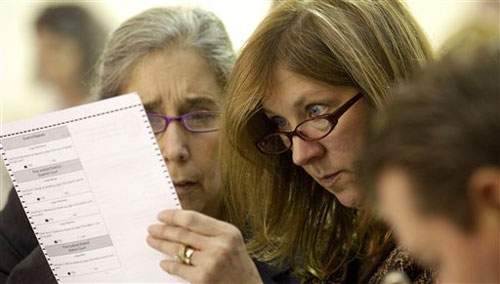 jpg Alaska Elections Division Director Gail Fenumiai, right, and Assistant Attorney General Sarah Felix look over a ballot Wednesday,