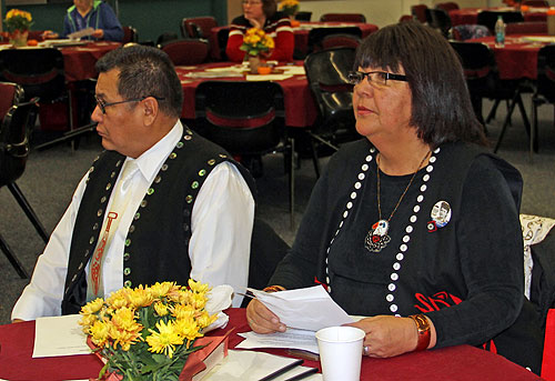 jpg Norman Arriola, Tribal Council Present and Verna Hudson Tribal Council Vice-President wait to deliver their speeches.  Photograph by Cliff Guthrie 