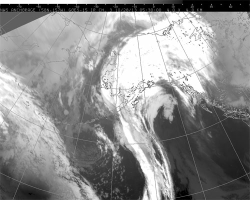 jpg This infrared satellite image from the National Weather Service shows the storm system affecting Southcentral and Interior Alaska on Oct. 28, 2013.