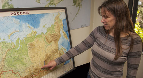 jpg Texas A&M Professor Kelly Graf points to a map of  Russia where the skeleton was found.