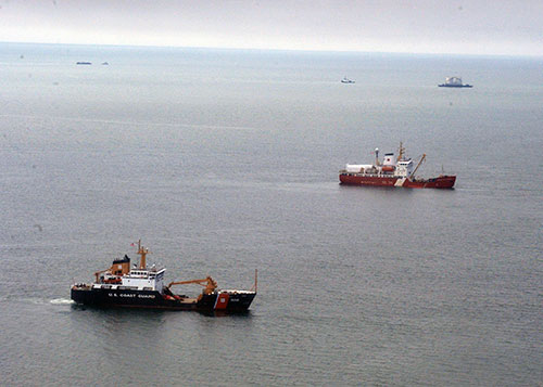 jpg The Coast Guard Cutter SPAR and Canadian Coast Guard ship Sir Wilfrid Laurier sail side-by-side during a VOSS equipment test near Teller, Alaska, July 18, 2013.