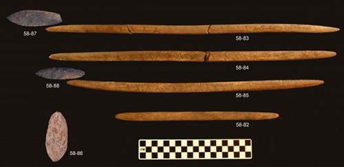 jpg Stone projectile points and associated decorated antler foreshafts from the burial pit at the Upward Sun River site.