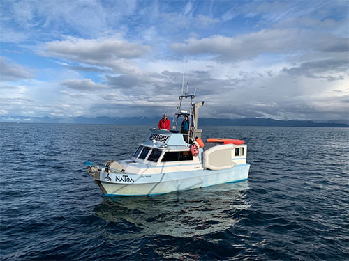 jpg Hannah Myers and Dan Olsen stand aboard the killer-whale research vessel Natoa.