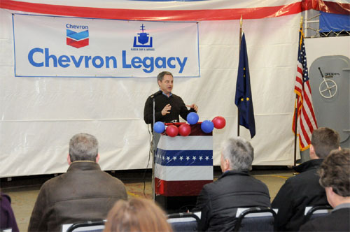 jpg Governor Parnell thanked Ketchikan's Alaska Ship and Drydock Inc. and Chevron for their great work on the new Chevron Legacy fueling barge