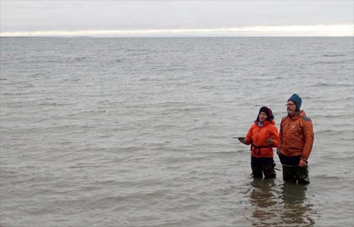 jpg UAF researchers Louise Farquharson and Dan Mann stand in Teshekpuk Lake to ponder an ancient beach rising from its northern shore.