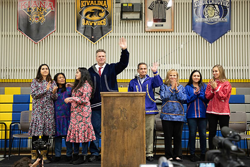 jpg On the left, Governor Mike Dunleavy and his family First Lady Rose Dunleavy and daughters Maggie, Catherine and Ceil Ann. Standing to the right is Lt. Governor Kevin Meyer and his wife Marty and daughters Karly and Valentina. 