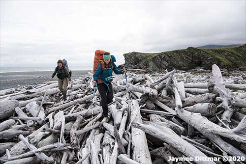 jpg Rachel James and Erin McKittrick hiking along Amakdedori Bay where the Pebble Mine Project's industrial port would be.