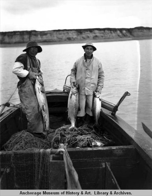 jpg Paul Chukan of Naknek and Alec Alvarez in a sailboat in Bristol Bay.