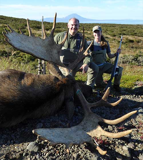 jpg Tia Shoemaker with a happy moose hunter on the Alaska Peninsula.