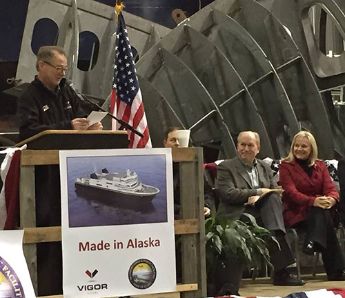 jpg At the podium is Doug Ward, Vigor Alaska's Director of Shipyard Development; seated are Alaska Governor Bill Walker and First Lady Donna Walker.