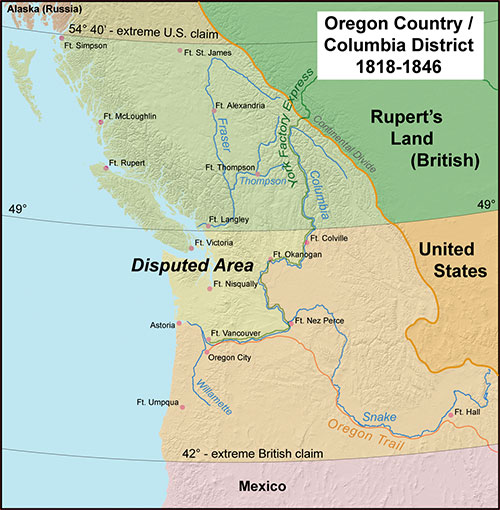 jpg The Oregon Country/Columbia District stretched from 42°N to 54°40′N. 