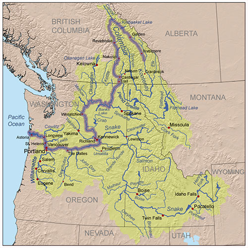 jpg Map of the Columbia River and its tributaries, showing modern political boundaries and cities