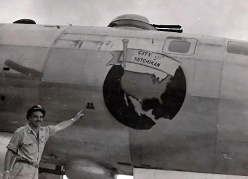 jpg 1st Lt Dick Brinck on Guam, beside the B-29 "City of Ketchikan" so named after the city in Alaska, where his father George was from.