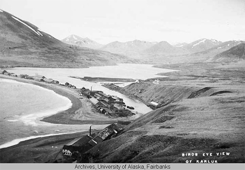 jpg Elevated view of Karluk, Alaska. 1896-1913