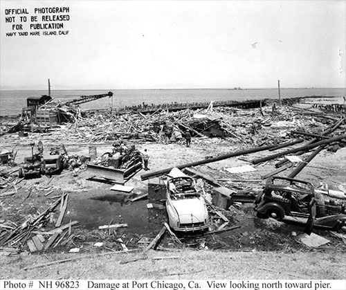 jpg Dockside facilities and automobiles demolished by the munitions explosion at Port Chicago, California, United States, 17 Jul 1944. 
