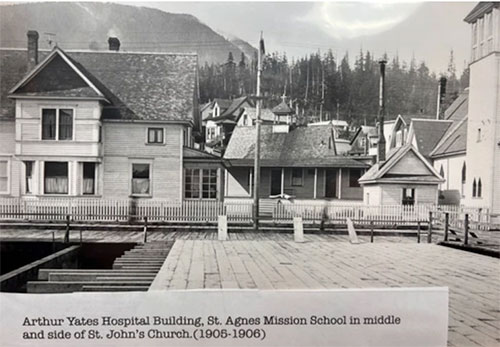 jpg Arthur Yates Hospital Building, St. Agnes Mission School in middle and on St. John's Church on the far right. 1905 - 1906
