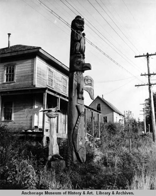 jpg Chief Kahshakes totems and residence. 1938.
