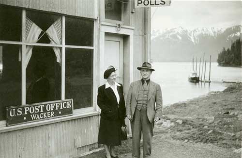 jpg Mr. and Mrs. Wacker standing next to the Wacker Post Office