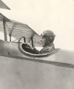 jpg 1918 photo of Roy Franklin Jones as a U.S. Army Signal corps Aviation Cadet in the cockpit of a JN4D Jenny trainer Biplane at March Field, California
