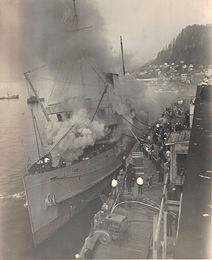 jpg Smoke billows from the steamship Prince George - Ketchikan Dock.